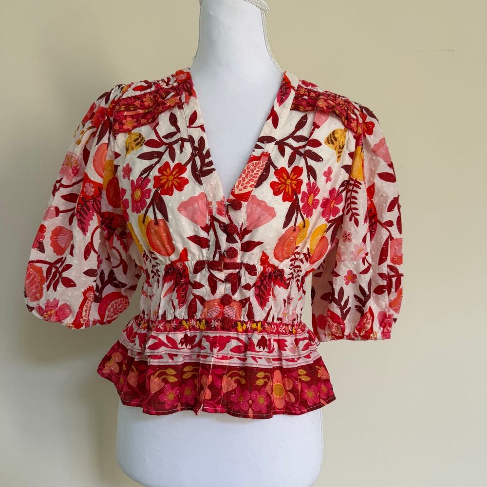 Farm Rio Floral Print Swiss Dot Puff Sleeve Button Front Peplum Top XS⁠